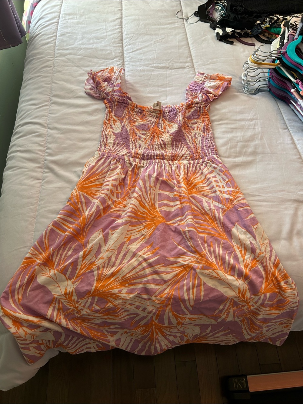 Girls' Pink & Orange Tropical Print Smocked Sundress